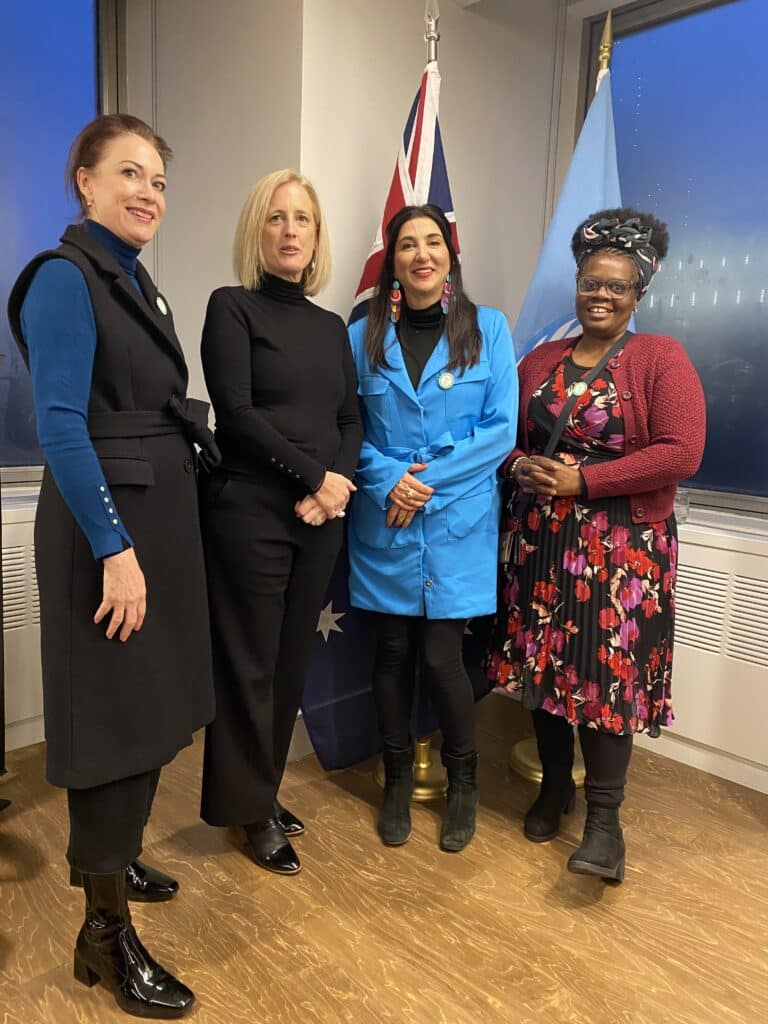 DCA's Lisa Annese, Virginia Mapedzahama and Jane O'Leary smiling and standing with Katy Gallagher at the UN CSW68